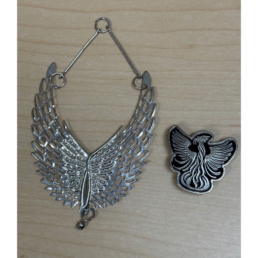 Phoenix Pin & Wing Pendant Set OS Silver Black Magnetic Goth Mythical Unique